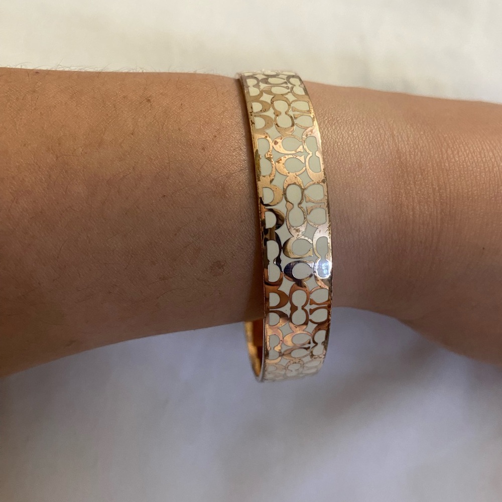 Elegant Coach Enamel Rose Gold and Cream Bangle Bracelet | Jewelry